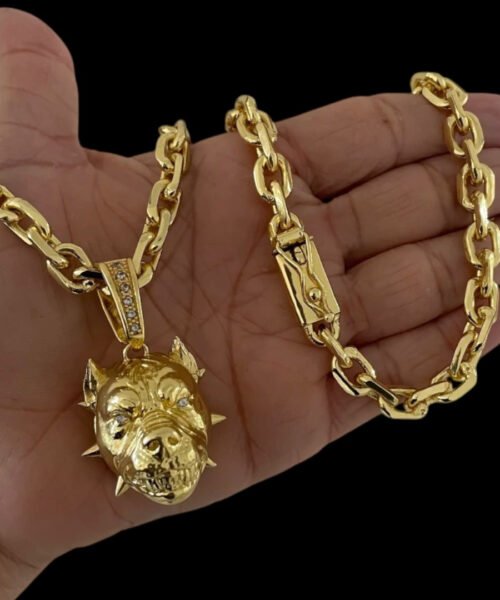 Cordão 8mm Cadeado + Pingente Pitbull - Banhado a ouro