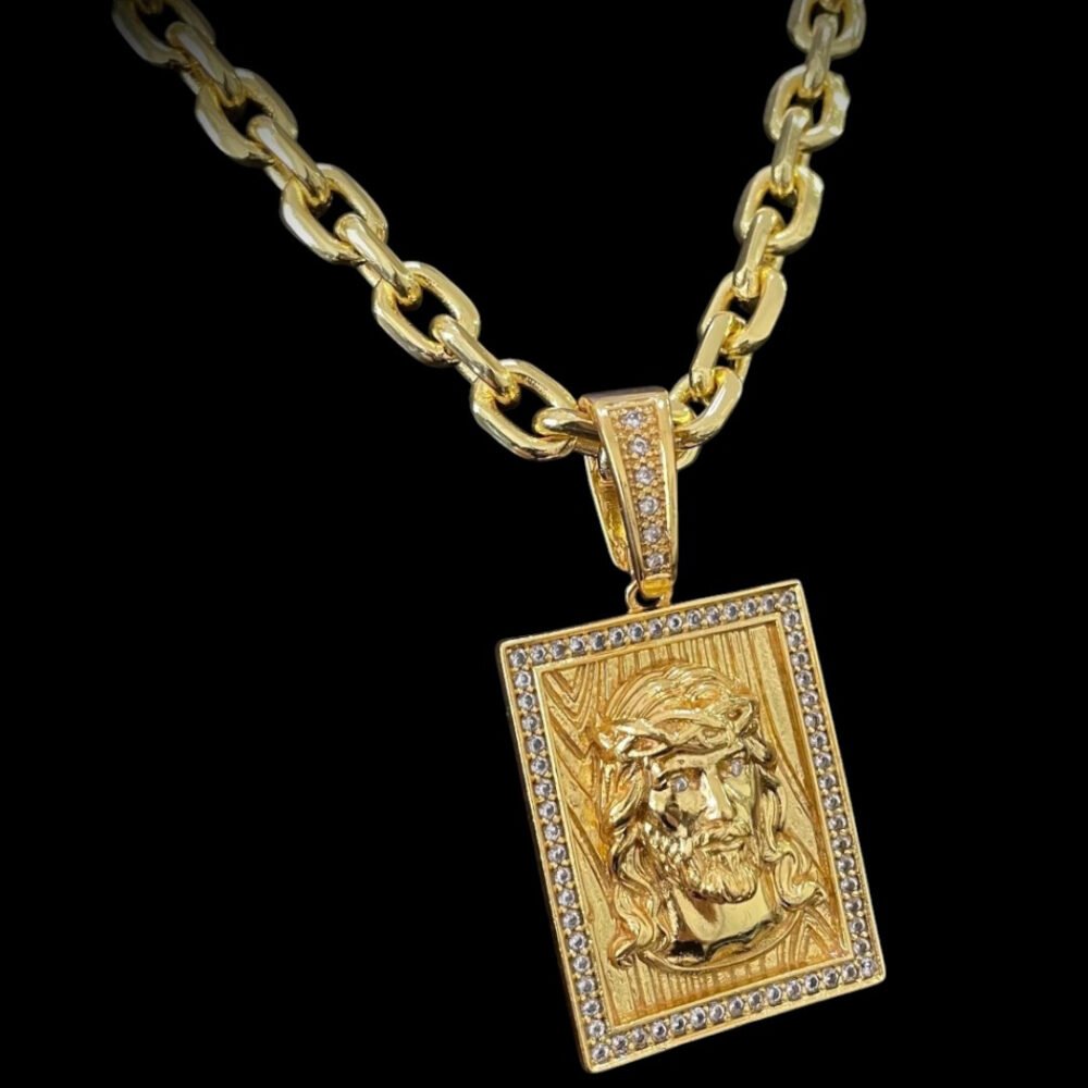 Cordão 8Mm Cadeado + Pingente Jesus Face - Banhado A Ouro