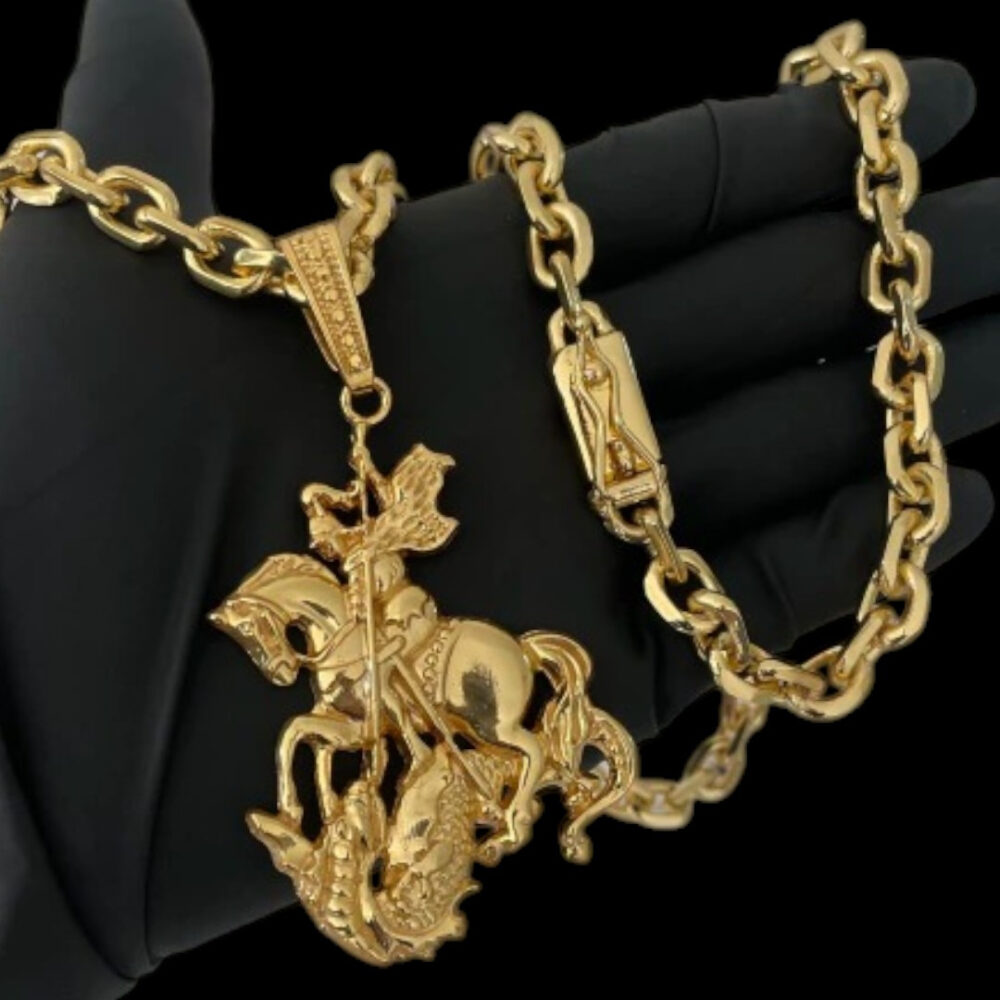 Cordão 8Mm Cadeado + Pingente São Jorge - Banhado A Ouro 18K