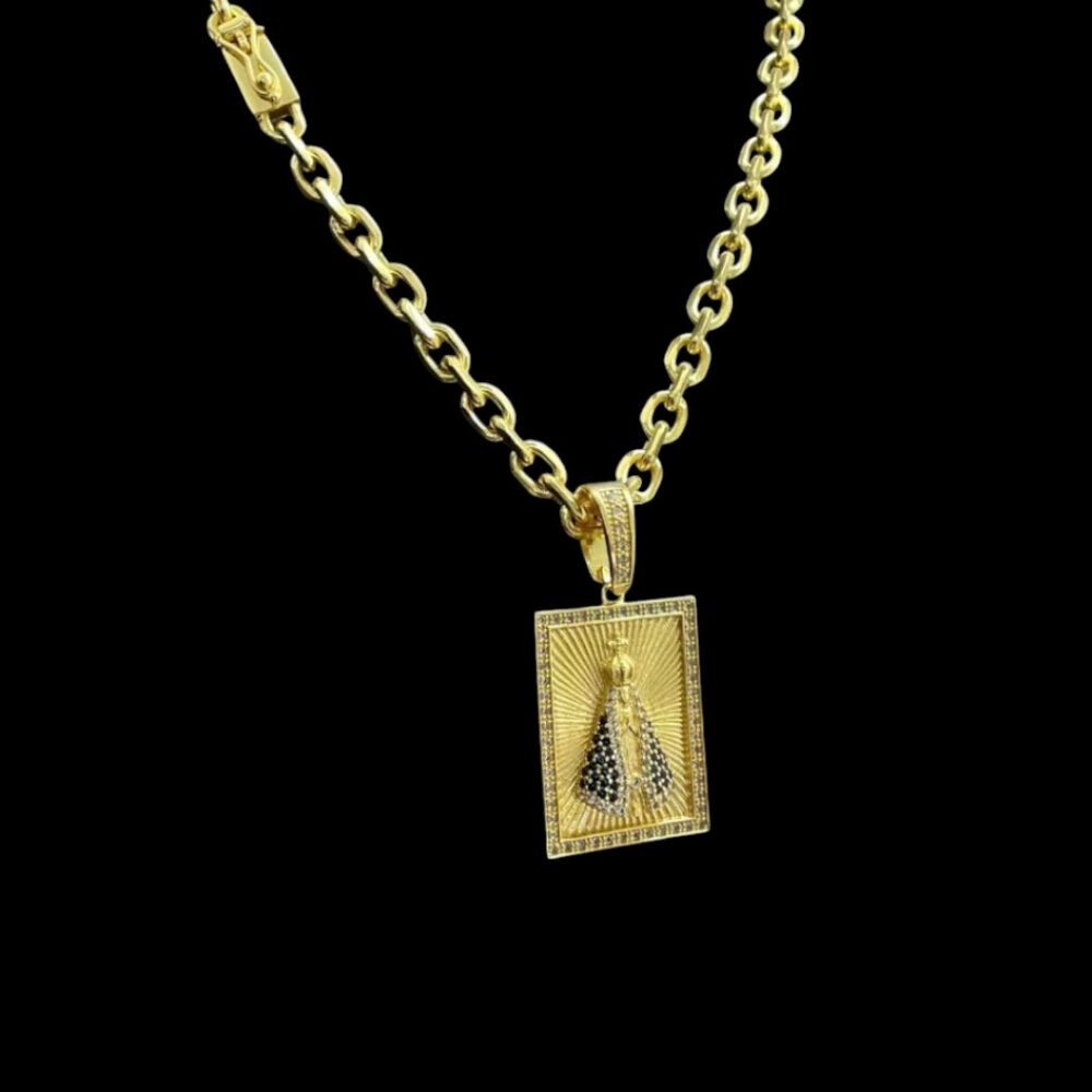 Cordão 8Mm Cadeado + Pingente Nossa Senhora - Banhado A Ouro