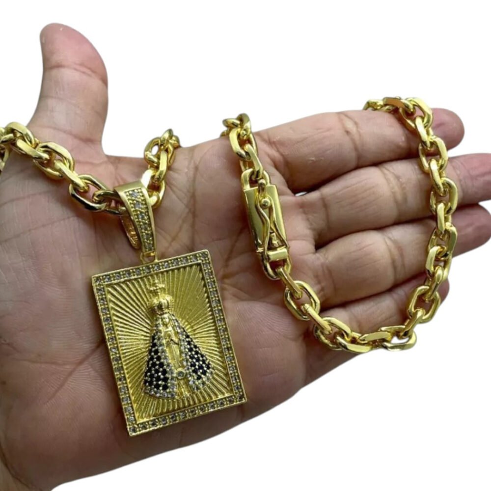 Cordão 8Mm Cadeado + Pingente Nossa Senhora - Banhado A Ouro - Imagem 2
