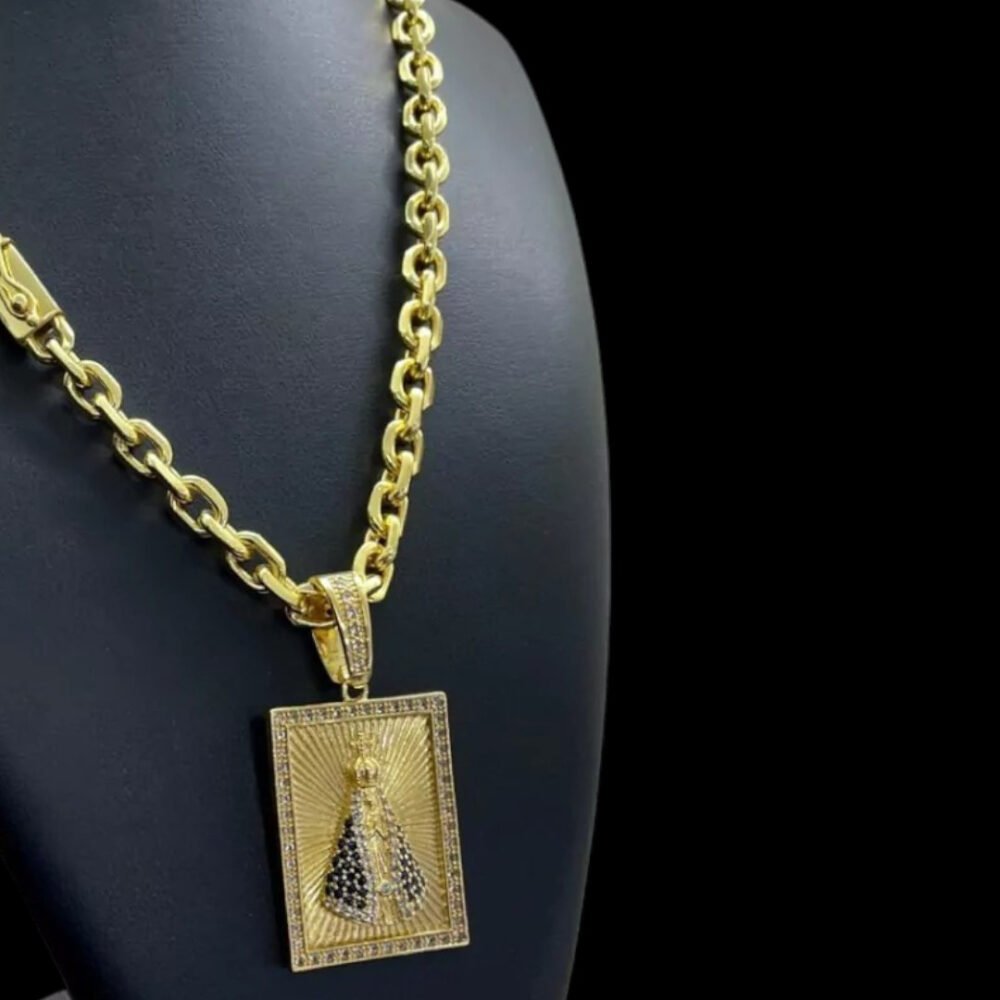 Cordão 8Mm Cadeado + Pingente Nossa Senhora - Banhado A Ouro - Imagem 3