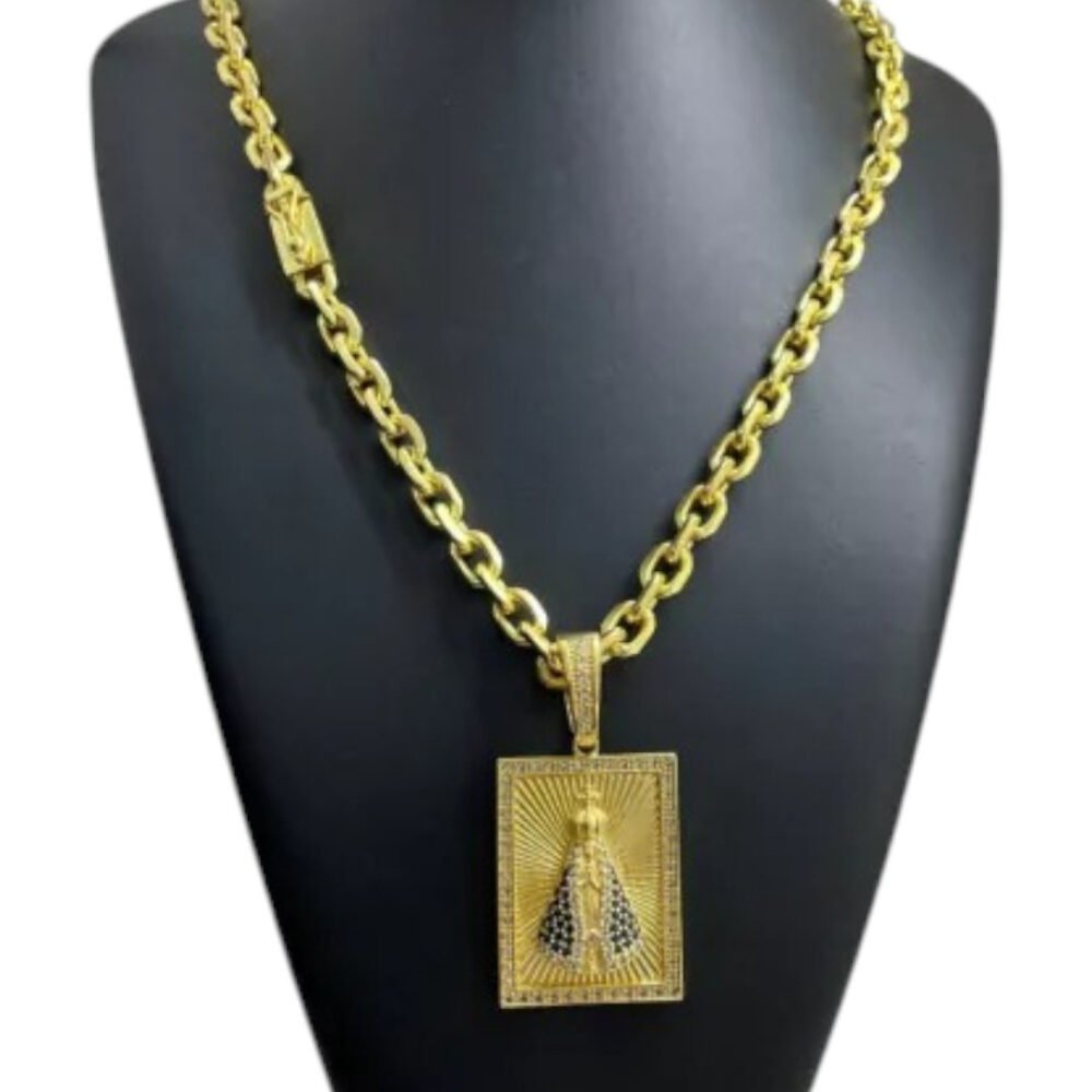 Cordão 8Mm Cadeado + Pingente Nossa Senhora - Banhado A Ouro - Imagem 4