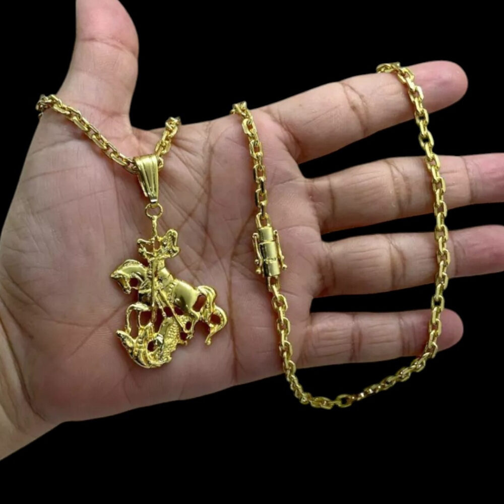 Cordão 4Mm Cadeado + Pingente São Jorge - Banhado A Ouro
