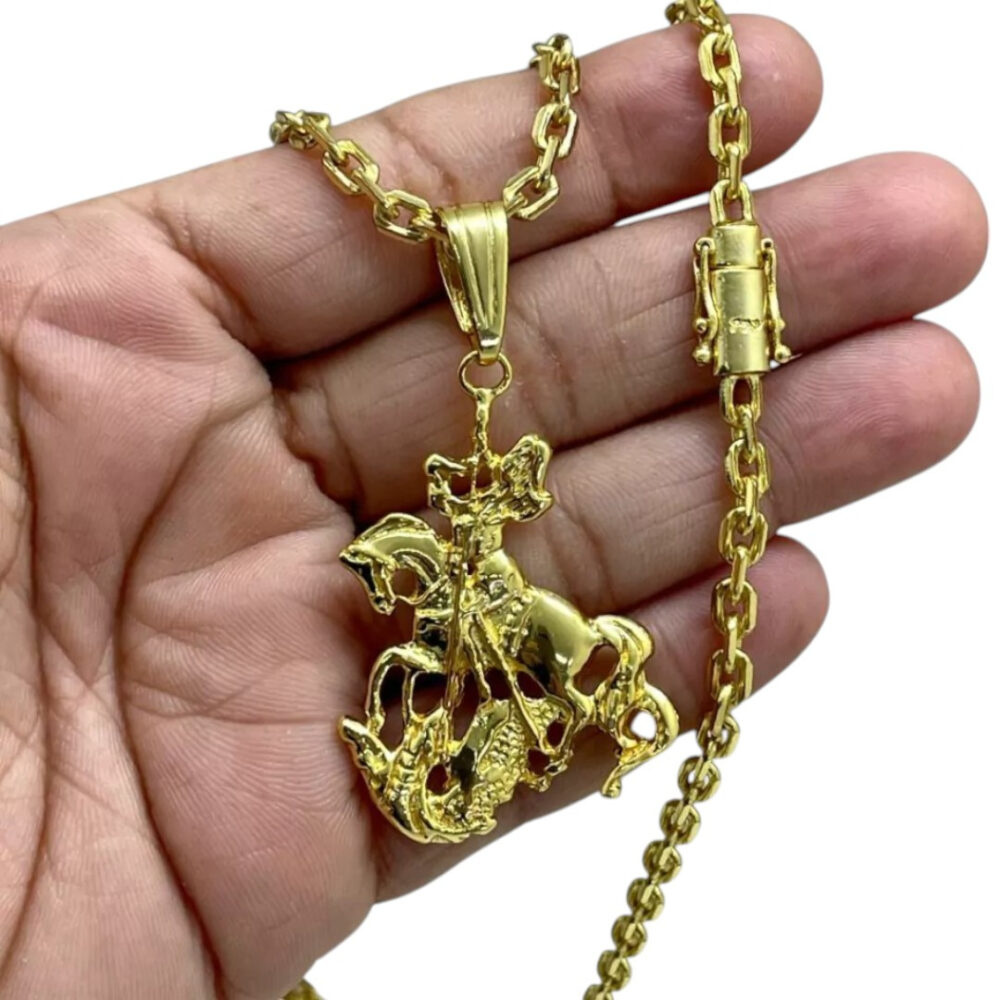 Cordão 4Mm Cadeado + Pingente São Jorge - Banhado A Ouro - Imagem 4