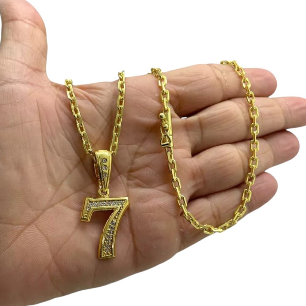 Cordão 4Mm Cadeado + Pingente 7 - Banhado A Ouro - Imagem 2