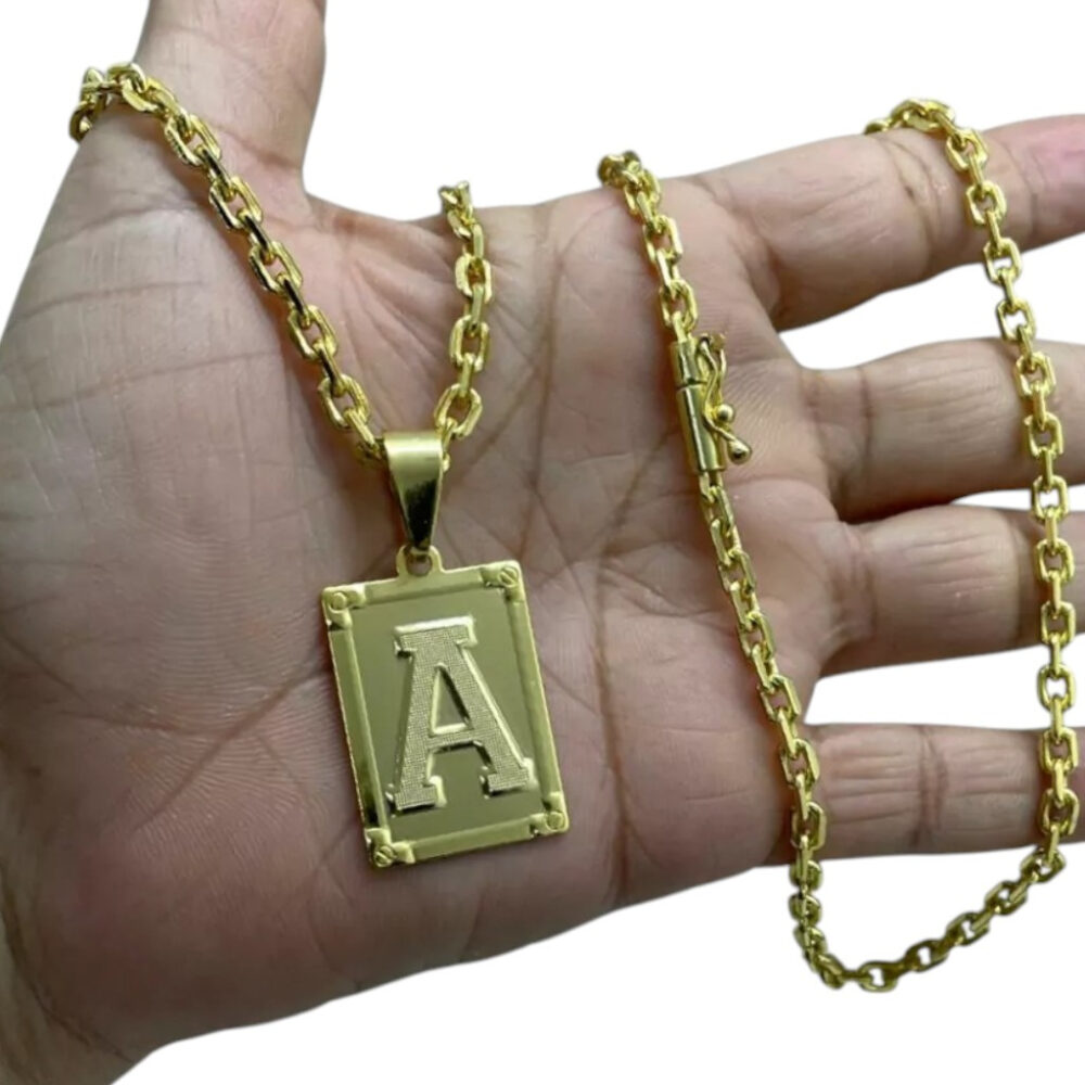 Cordão 4Mm Cadeado + Pingente Letra Placa - Banhado A Ouro - Imagem 4