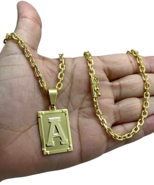 Cordão 4mm Cadeado + Pingente Letra Placa - Banhado a ouro