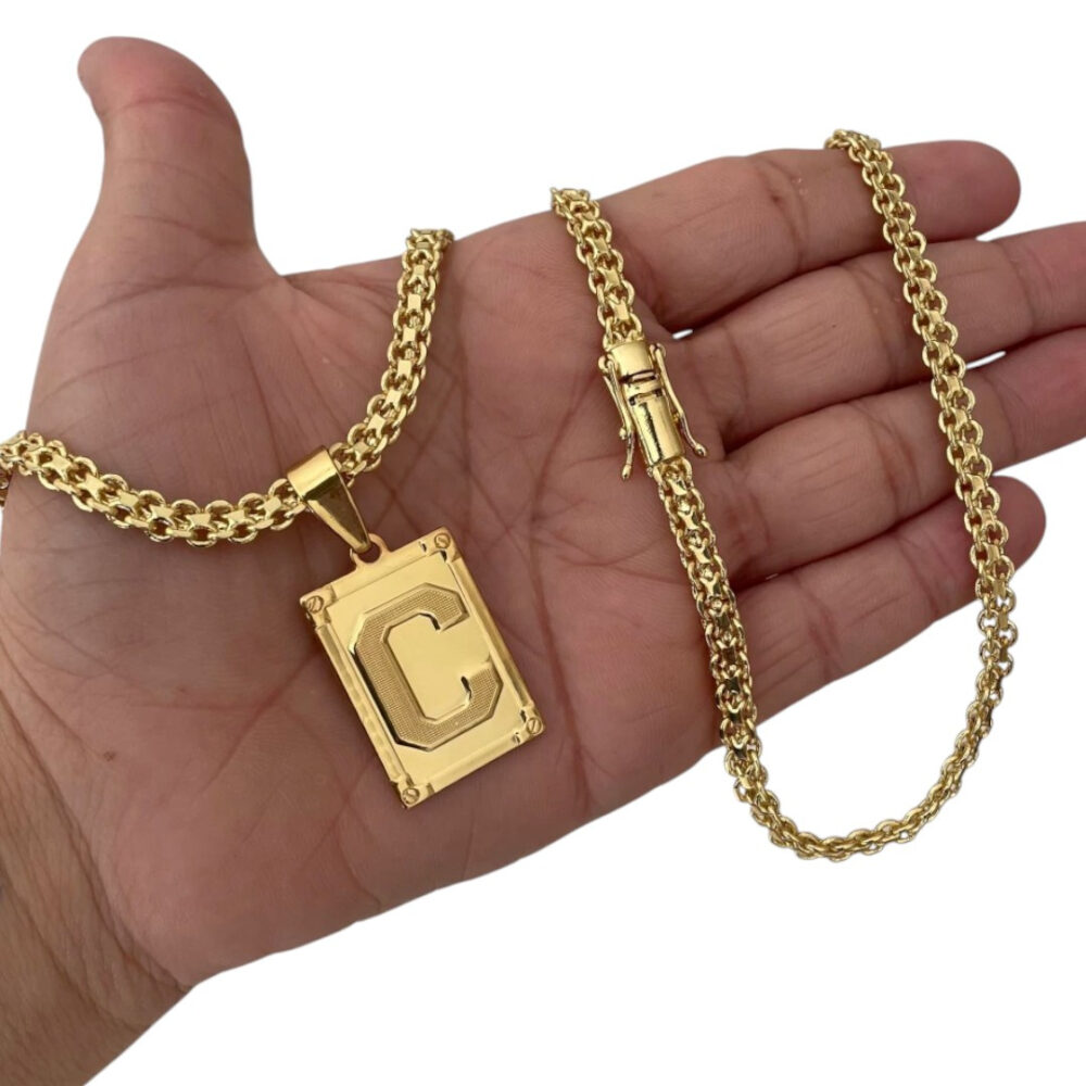 Cordão 5Mm Cadeado Duplo + Pingente Letra - Banhado A Ouro - Imagem 2
