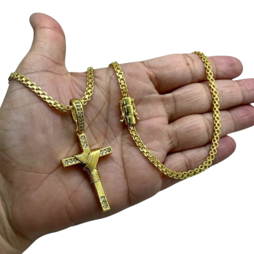 Cordão 5Mm Cadeado Duplo + Pingente Cruz Fio Banhado A Ouro - Imagem 2
