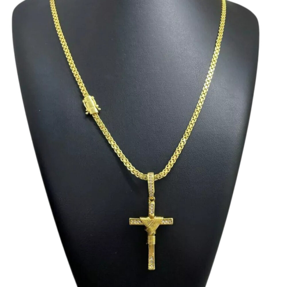 Cordão 5Mm Cadeado Duplo + Pingente Cruz Fio Banhado A Ouro - Imagem 3