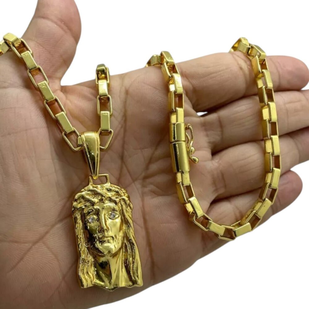 Cordão 6Mm Tijolinho Curto + Pingente Jesus - Banhado A Ouro - Imagem 2