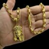 15348355745 Corrente 6Mm Tijolinho Fecho Canhao Pingente Face De Cristo 3D Banhado A Ouro 18K 2 1