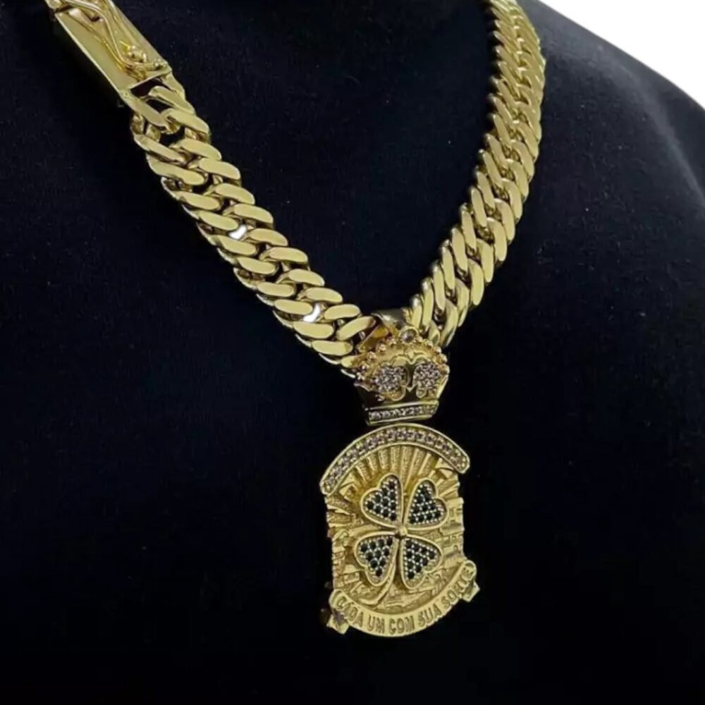 Cordão 13Mm Grumet + Pingente Trevo - Banhado A Ouro 18K
