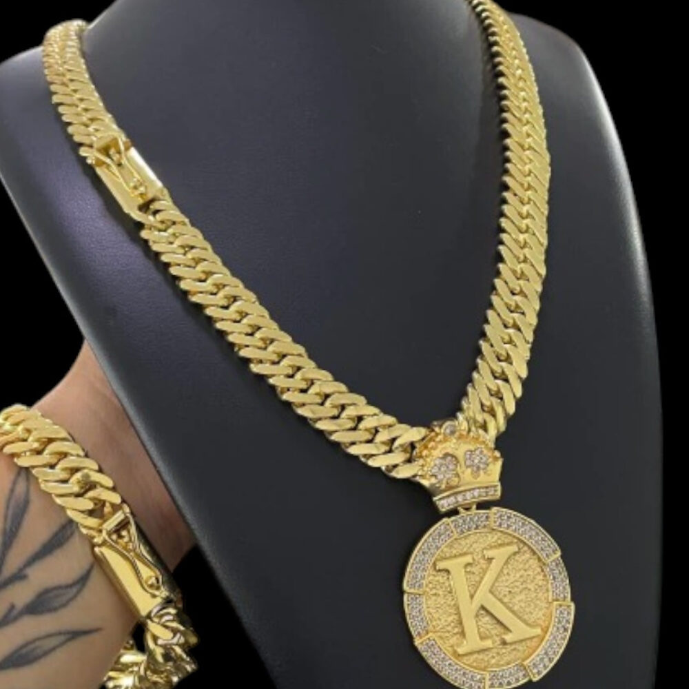Cordão  + Pulseira 13Mm Grumet + Letra - Banhado A Ouro