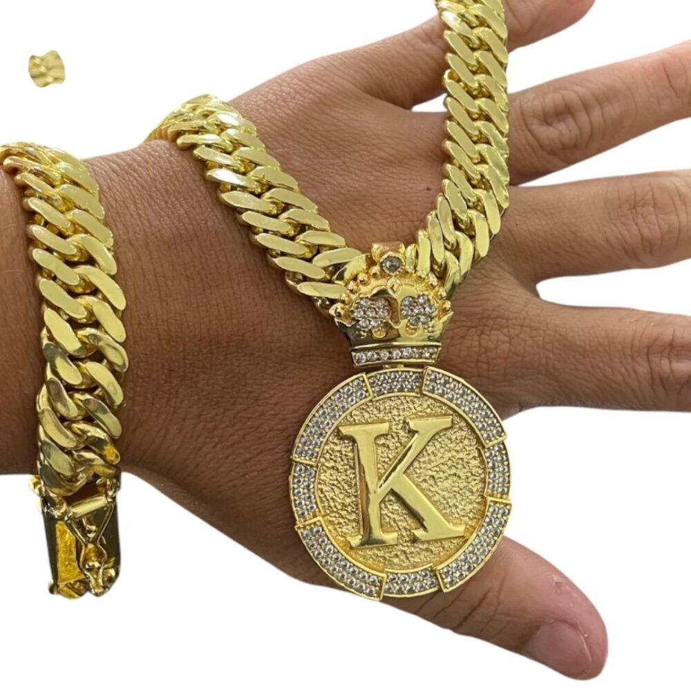 Cordão  + Pulseira 13Mm Grumet + Letra - Banhado A Ouro - Imagem 3