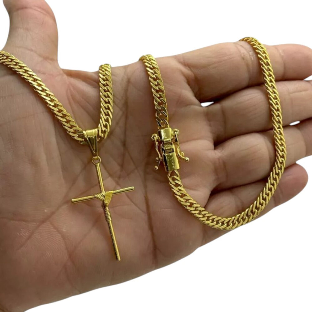 Cordão 5Mm Grumet + Pingente Cruz Fio - Banhado A Ouro 18K - Imagem 2