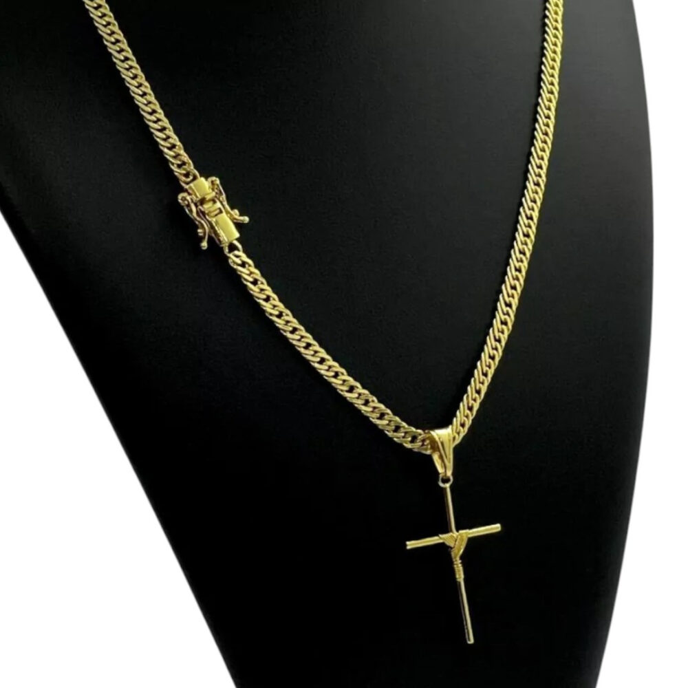 Cordão 5Mm Grumet + Pingente Cruz Fio - Banhado A Ouro 18K - Imagem 4