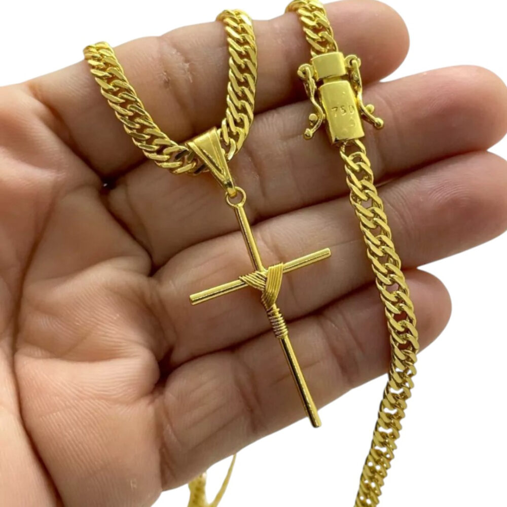 Cordão 5Mm Grumet + Pingente Cruz Fio - Banhado A Ouro 18K - Imagem 3