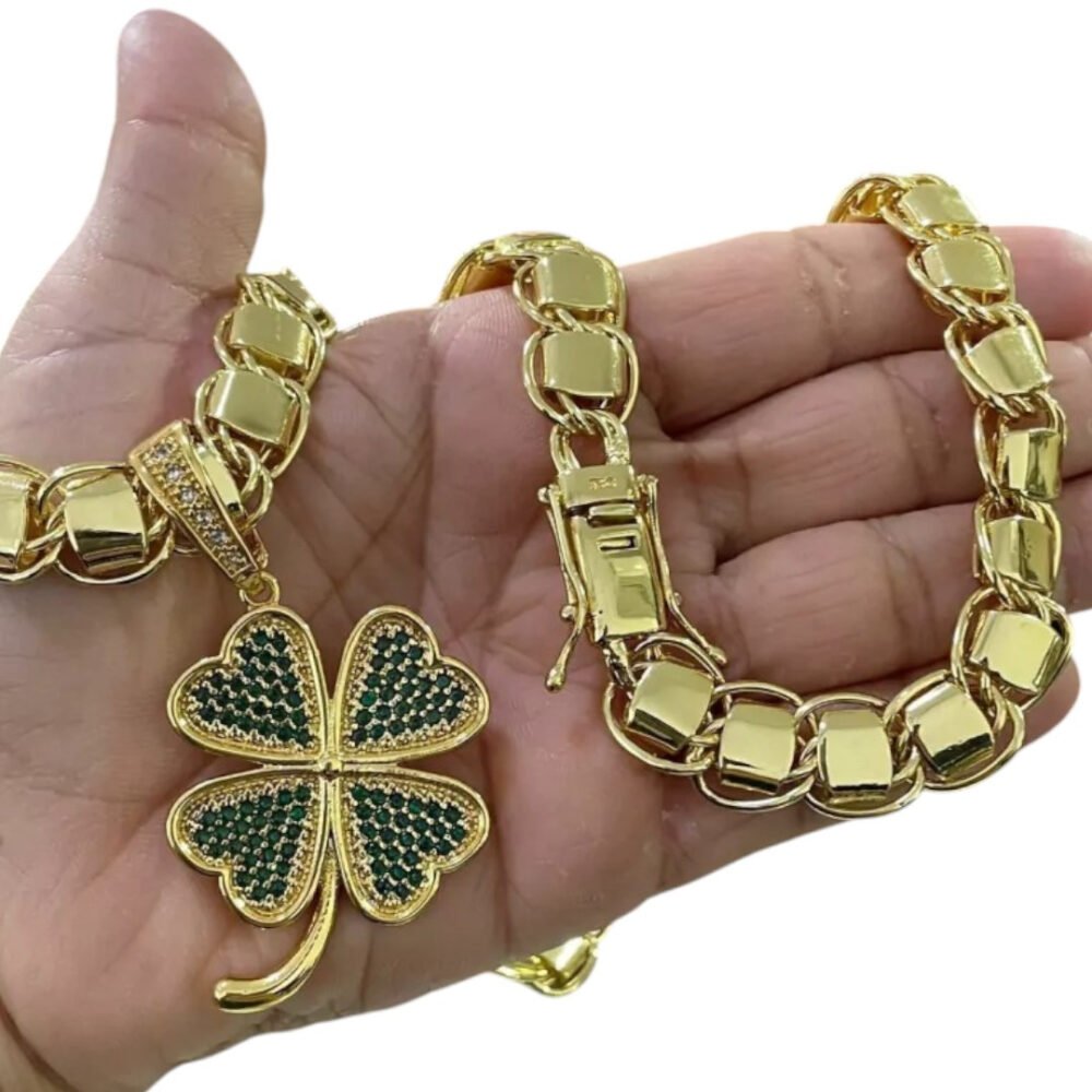 Cordão 10Mm Dubai + Pingente Trevo Da Sorte - Banhado A Ouro - Imagem 3