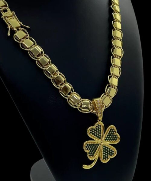 Cordão 10mm Dubai + Pingente Trevo da Sorte - Banhado a ouro