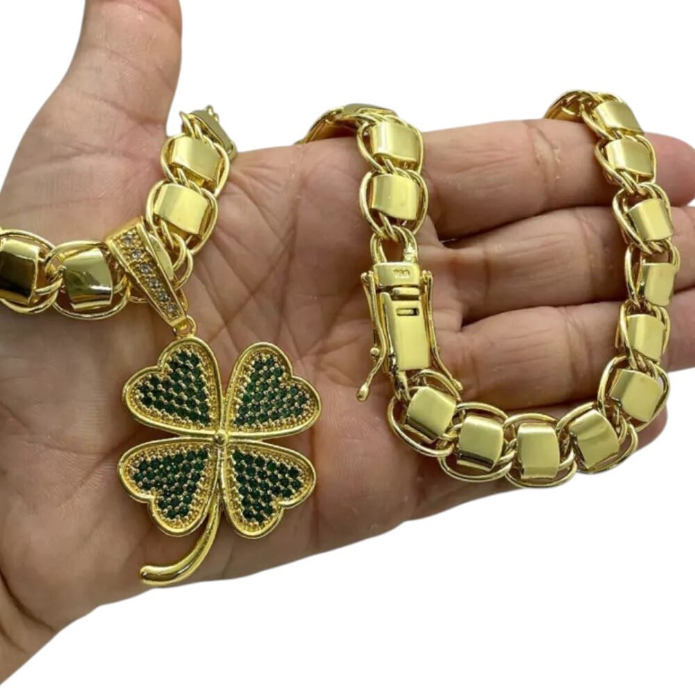 Cordão 10Mm Dubai + Pingente Trevo Da Sorte - Banhado A Ouro - Imagem 2