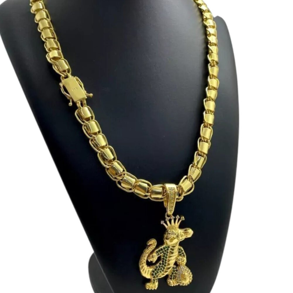 Cordão 10Mm Dubai + Pingente Jacaré Rei - Banhado A Ouro - Imagem 3