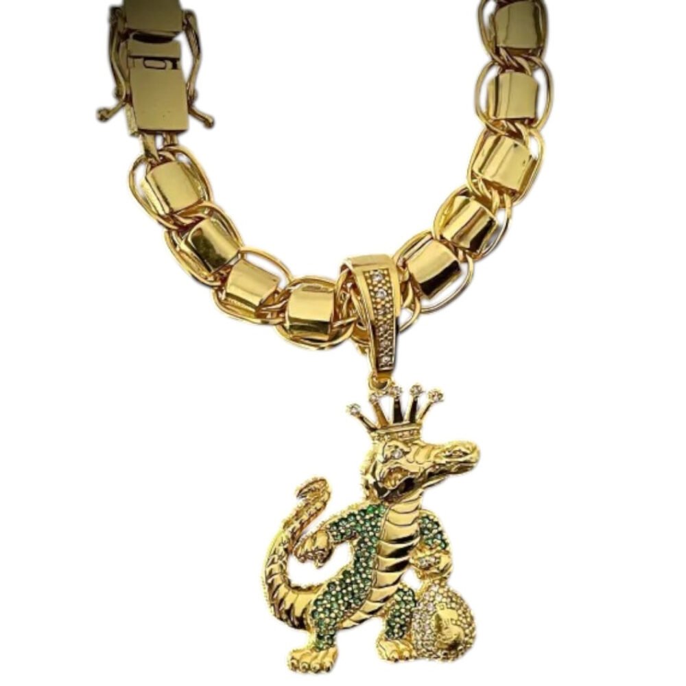 Cordão 10Mm Dubai + Pingente Jacaré Rei - Banhado A Ouro - Imagem 4