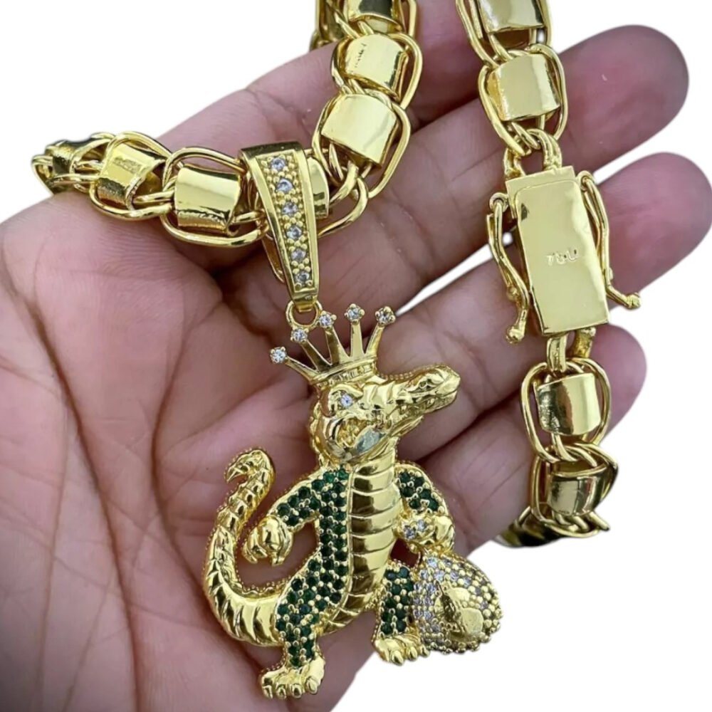 Cordão 10Mm Dubai + Pingente Jacaré Rei - Banhado A Ouro - Imagem 2