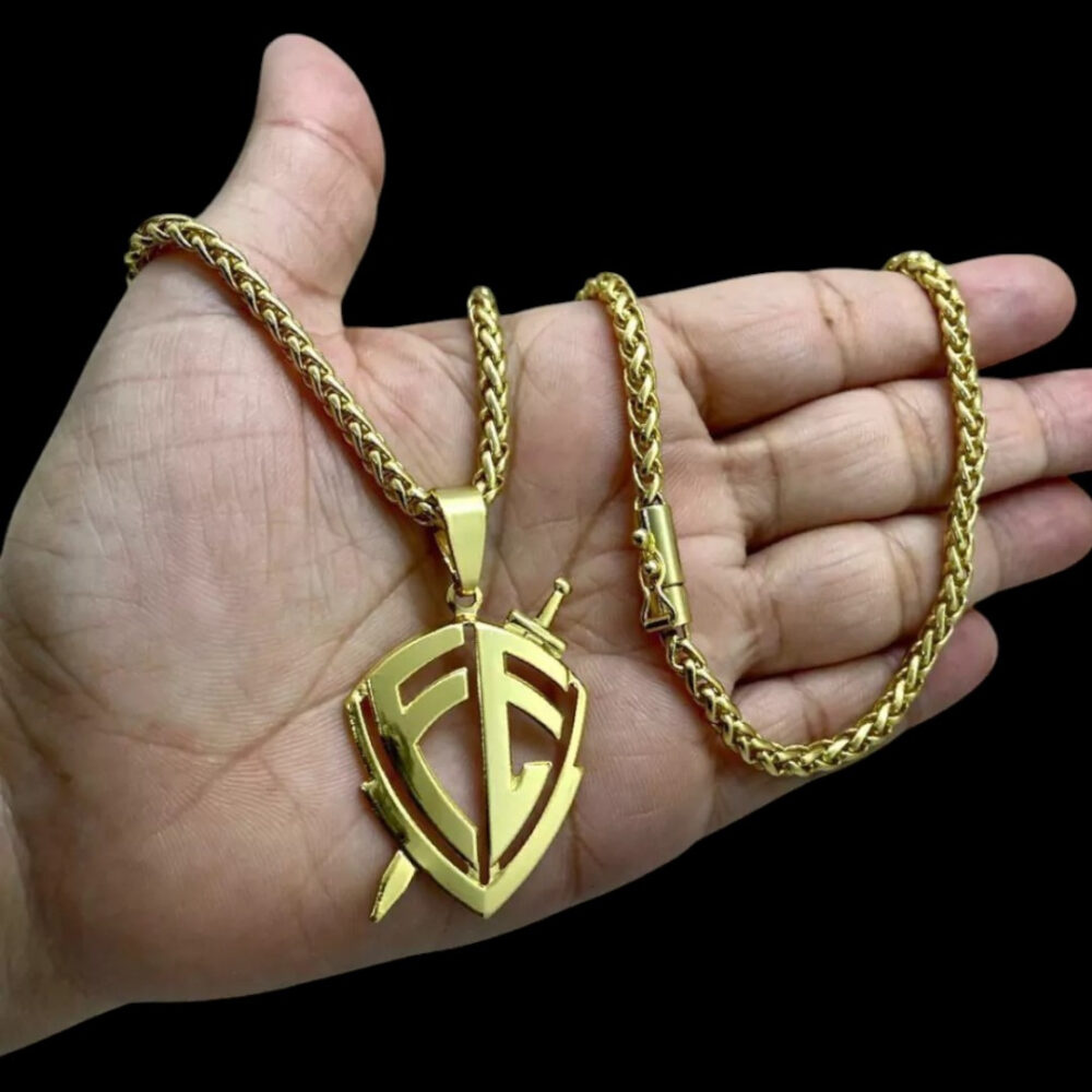 Cordão 5Mm Peruano + Pingente Escudo Fé - Banhado A Ouro