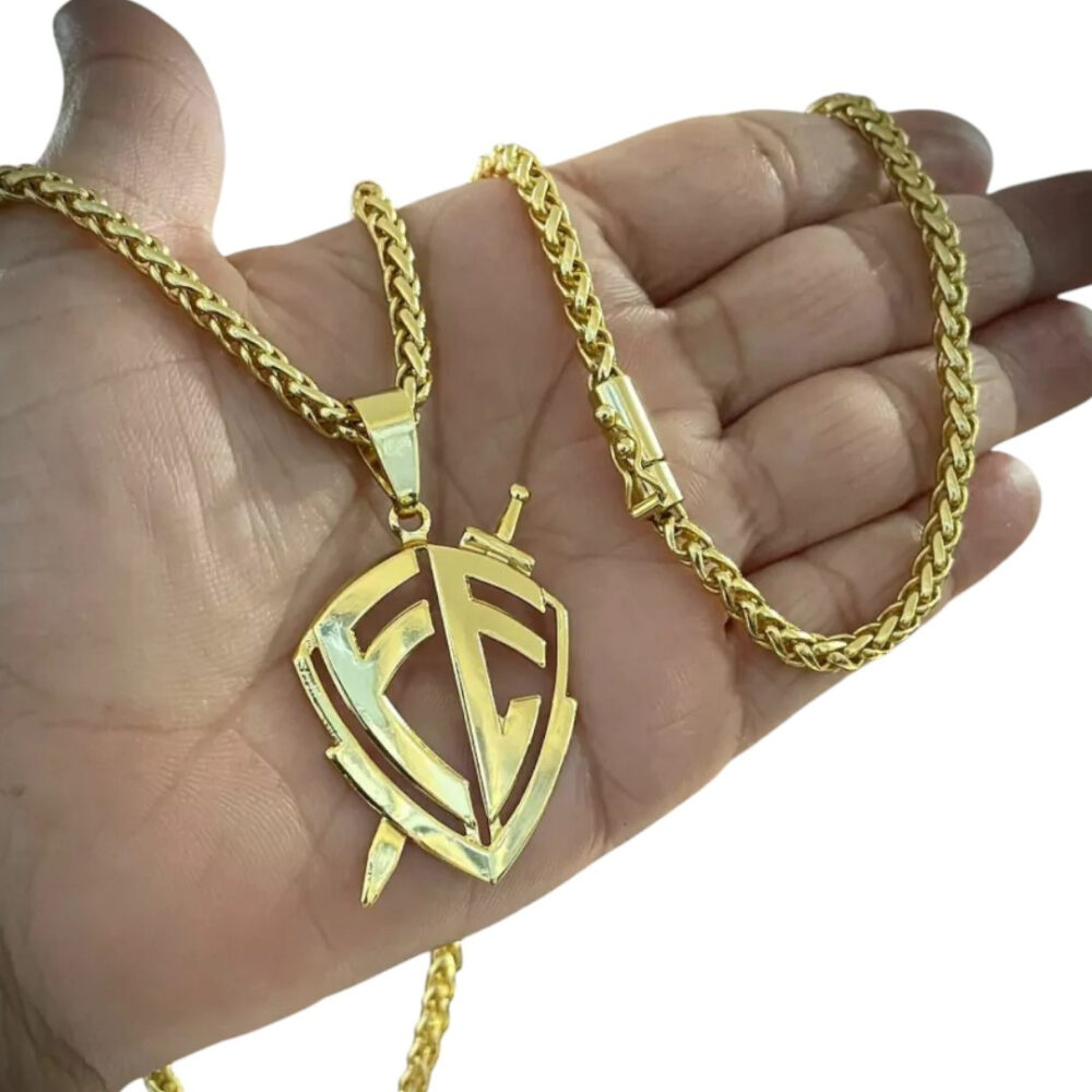 Cordão 5Mm Peruano + Pingente Escudo Fé - Banhado A Ouro - Imagem 2