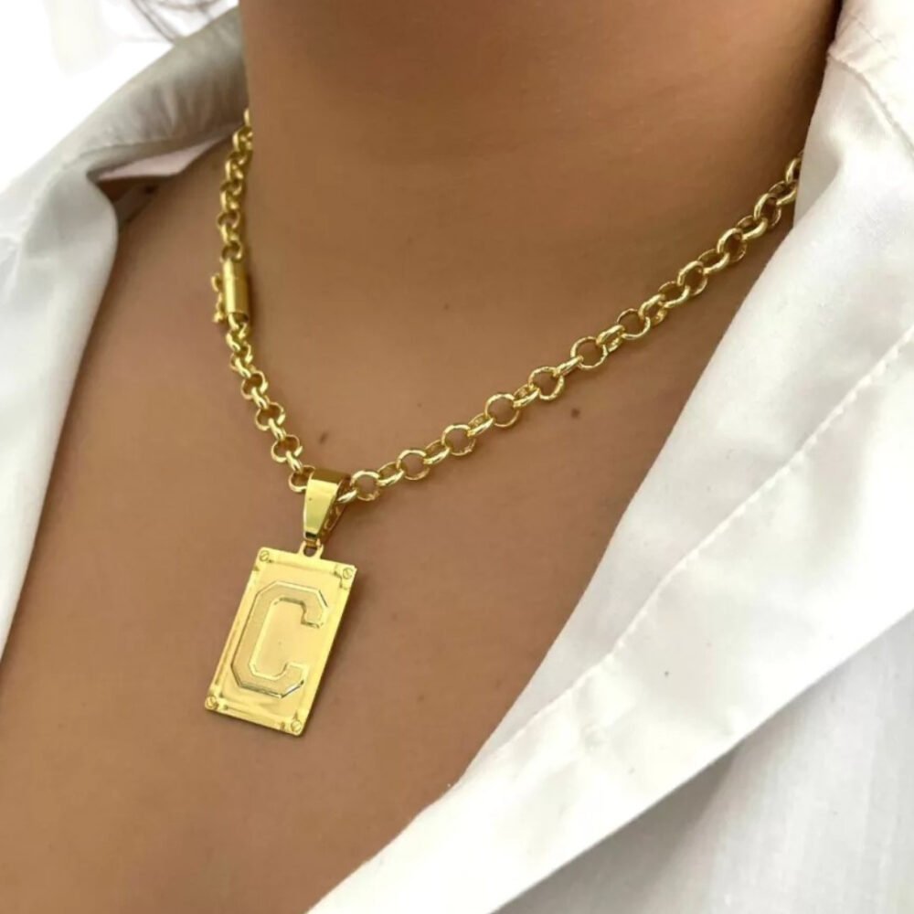 Cordão 5Mm Português Feminino Pingente Letra Banhado A Ouro - Imagem 2