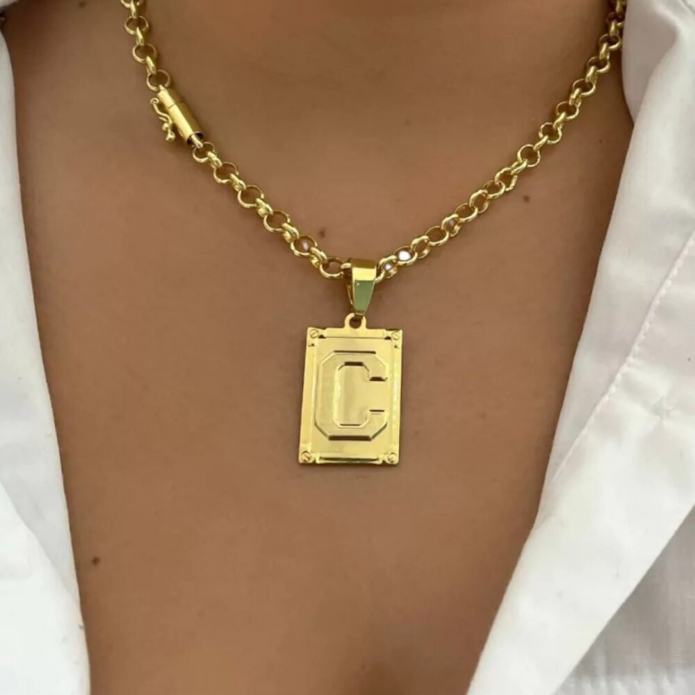 Cordão 5Mm Português Feminino Pingente Letra Banhado A Ouro - Imagem 3