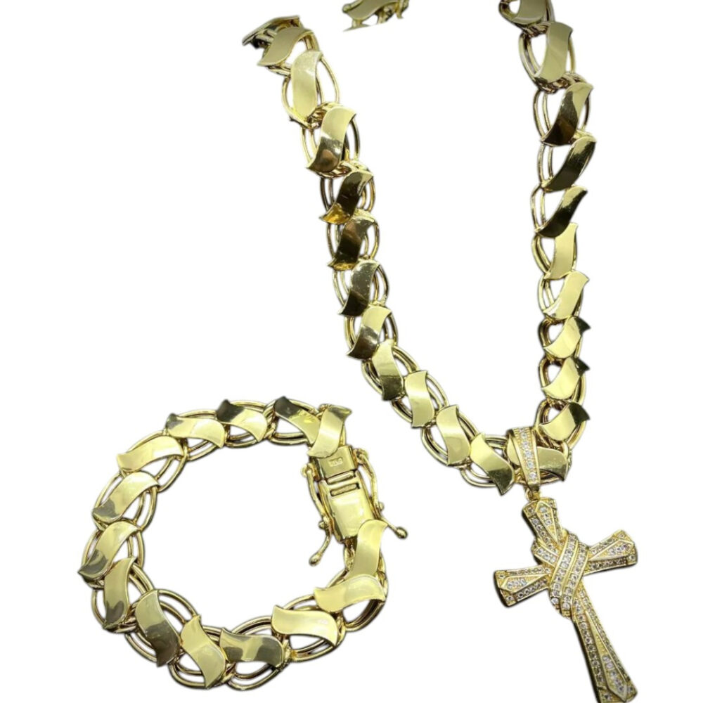 Cordão 13Mm Friso S + Pingente Cruz Amarrada Banhado A Ouro - Imagem 3