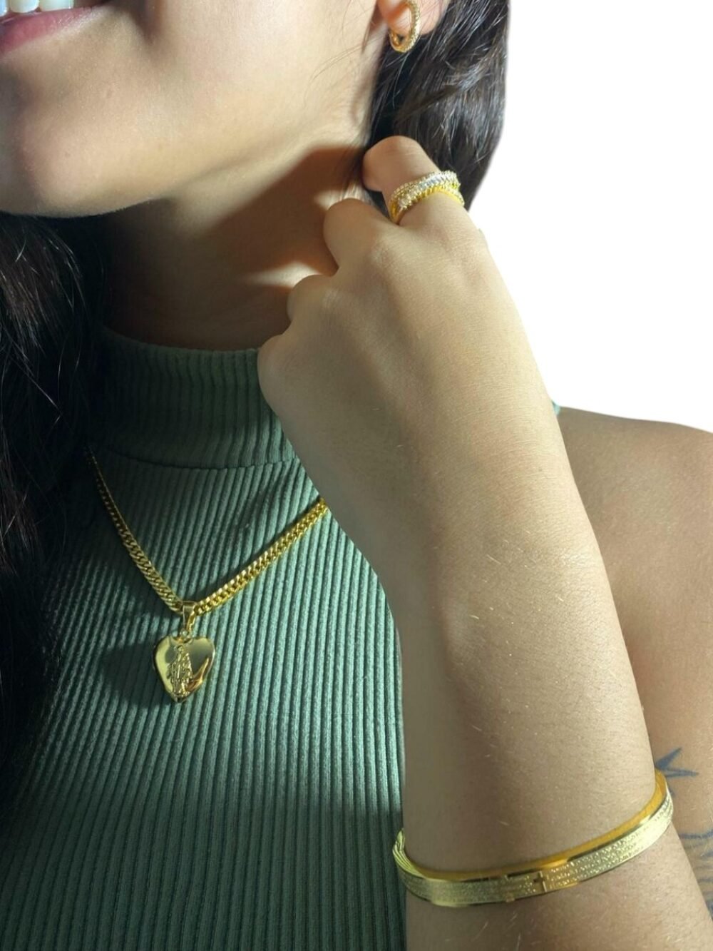 Kit Banhado: Cordão 5Mm, Relicário, Anel, Brinco, Bracelete