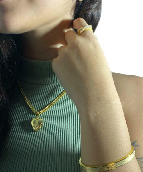 Kit Banhado: Cordão 5mm, Relicário, Anel, Brinco, Bracelete