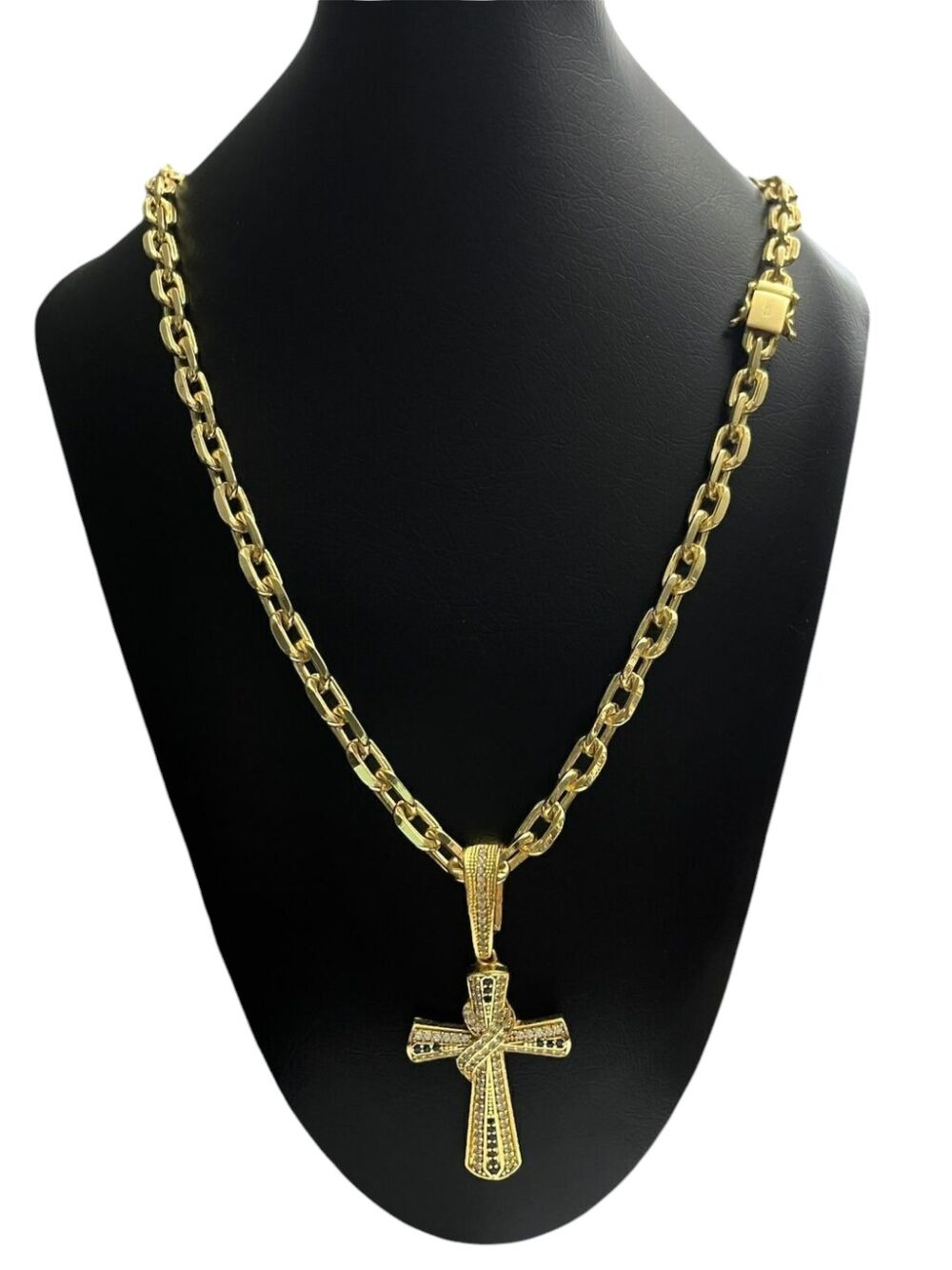 Cordão Cadeado 10Mm + Pingente Cruz Cravejada Banhado A Ouro - Imagem 2
