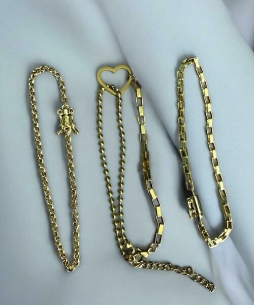 Kit Pulseiras 3mm + Pulseira Coração Feminina Banhado a ouro