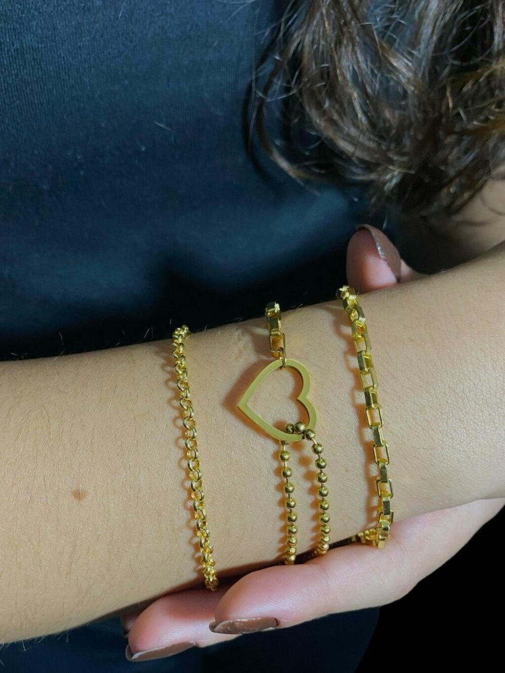 Kit Pulseiras 3Mm + Pulseira Coração Feminina Banhado A Ouro - Imagem 5
