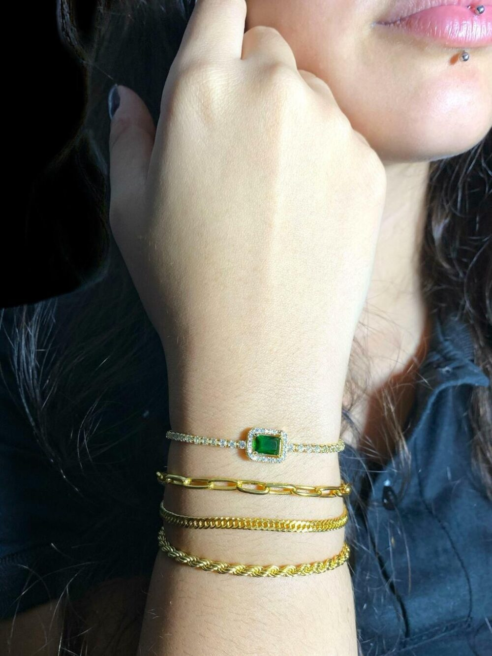 Kit Feminino Pulseiras 3Mm + Pedra Verde Banhado A Ouro - Imagem 5