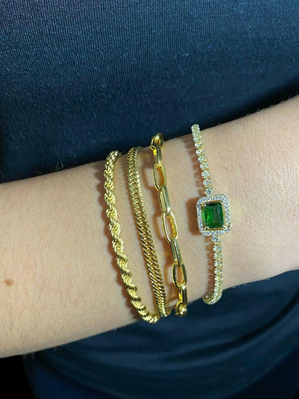 Kit Feminino Pulseiras 3Mm + Pedra Verde Banhado A Ouro - Imagem 3