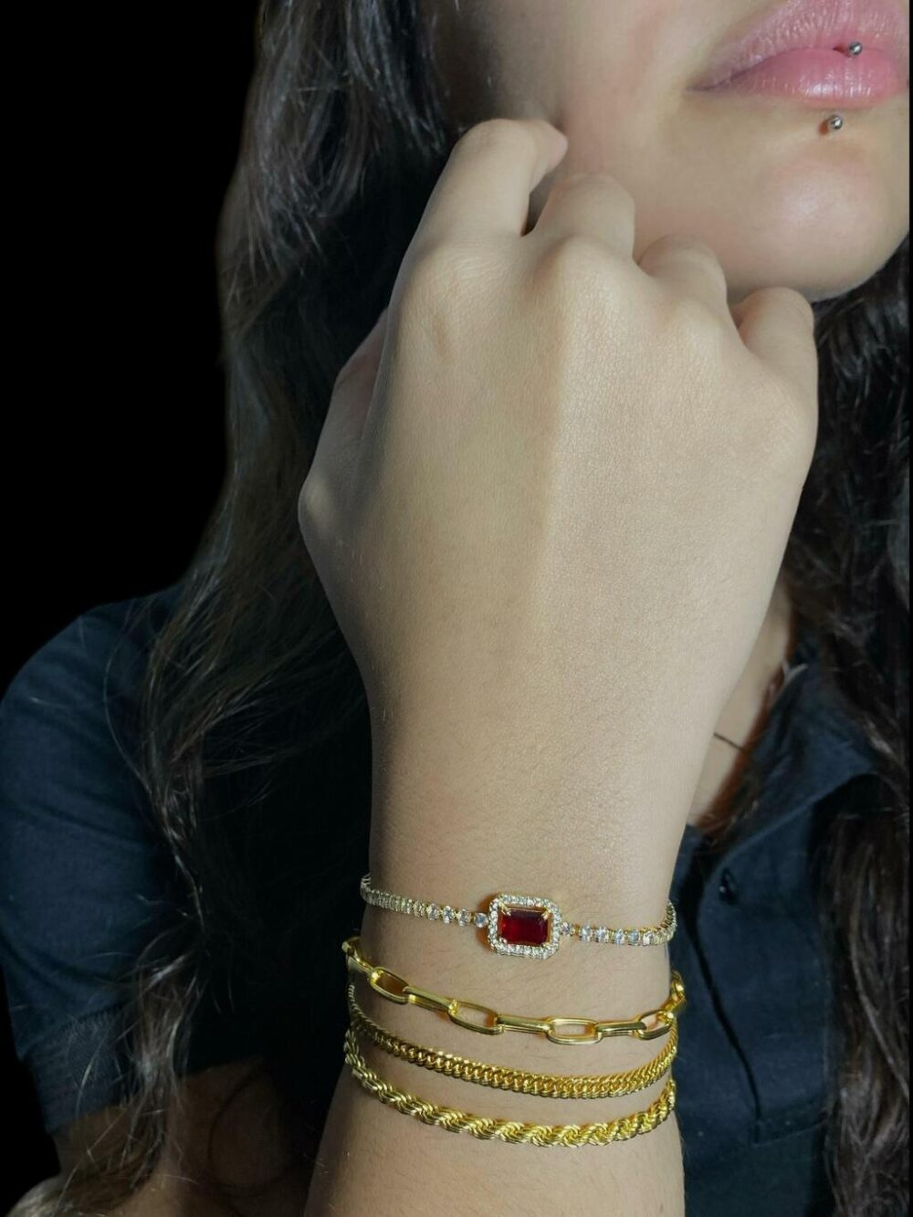 Kit Feminino Pulseiras 3Mm + Pedra Vermelha Banhado Ouro - Imagem 3