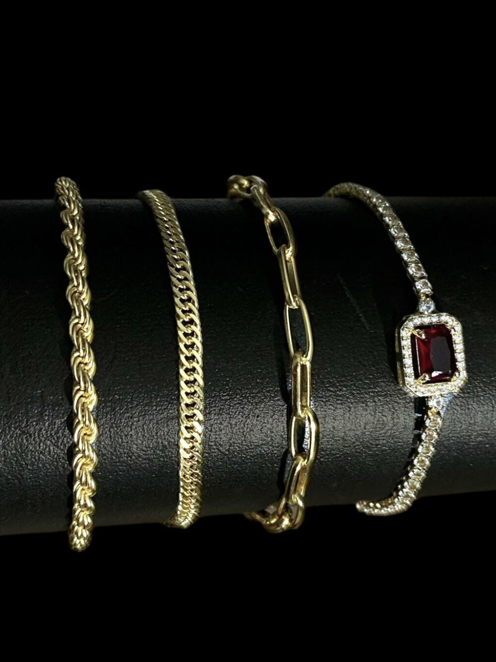 Kit Feminino Pulseiras 3Mm + Pedra Vermelha Banhado Ouro - Imagem 6