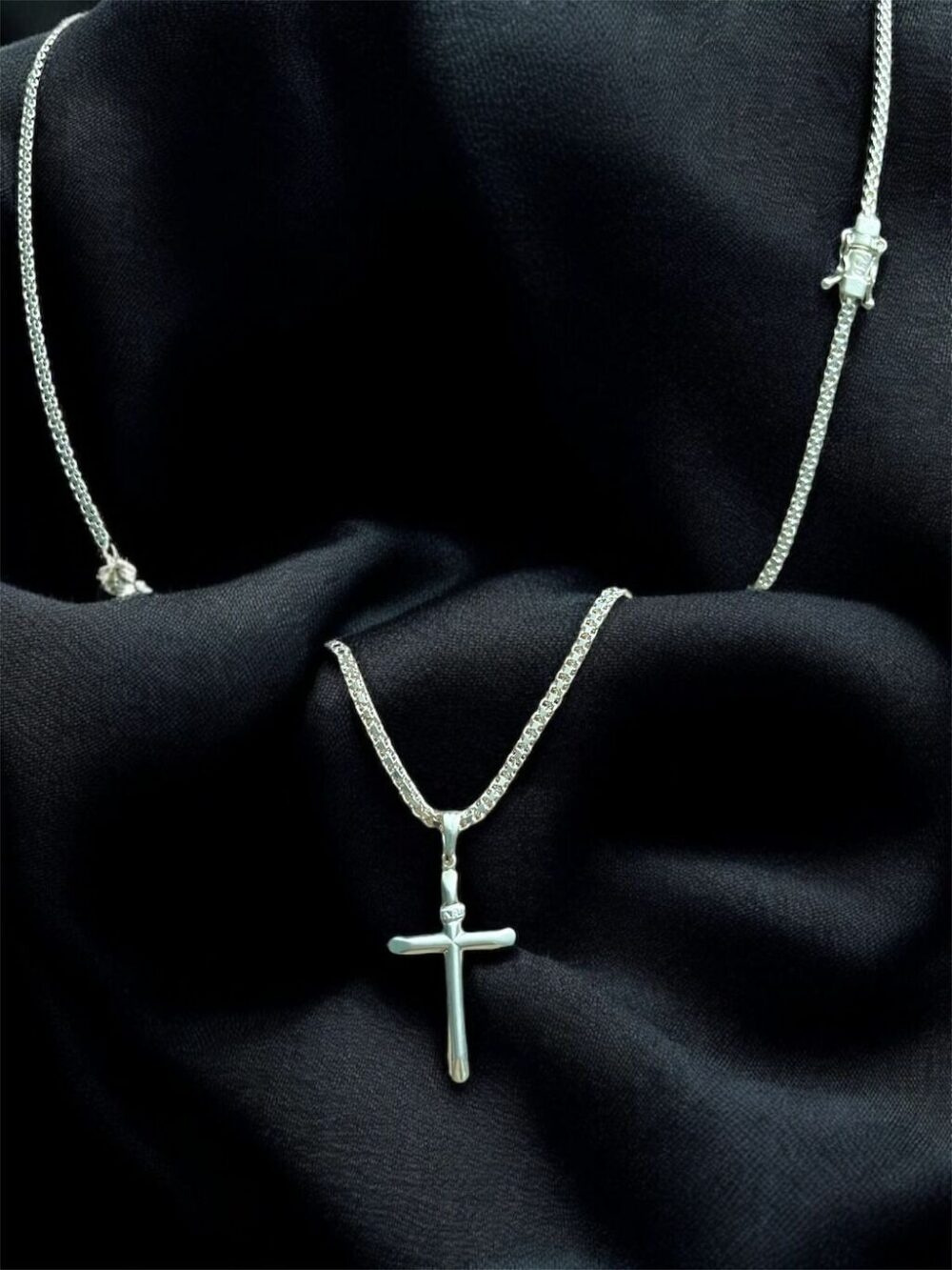 Cordão Cadeado Duplo 3Mm + Pingente Cruz Banhado Prata 925 - Imagem 5