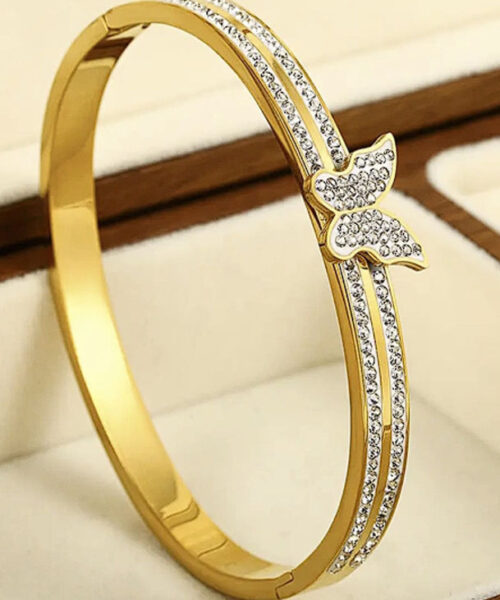 Bracelete Borboleta Cravejado Feminino - Banhado a Ouro 18k