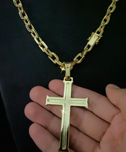Cordão Cadeado 10mm Banhado a Ouro 18k + Pingente Cruz