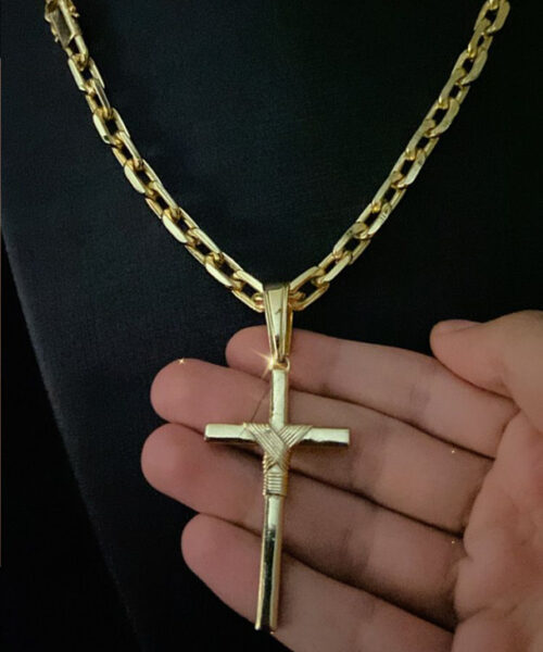 Cordão Cadeado 10mm Banhado a Ouro 18k + Pingente Cruz Fio