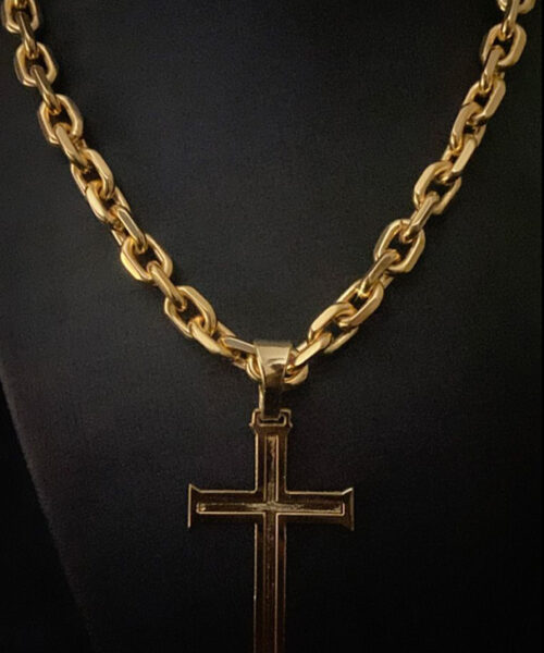 Cordão Cadeado 12mm Banhado a Ouro 18k + Pingente Cruz