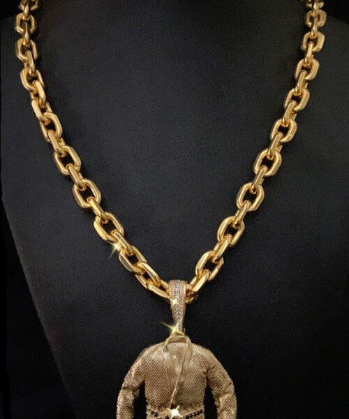 Cordão Cadeado 12mm Banhado a Ouro 18k + Pingente Faixa Preta
