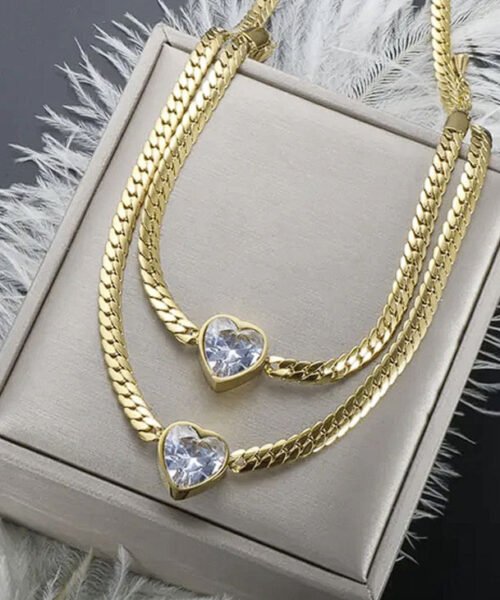 Conjunto Cordão + Pulseira Feminina Coração Banhada a Ouro 18k